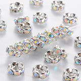 Brass Rhinestone Spacer Beads, Beads, Grade A, Clear AB, with AB Color Rhinestone, Silver Color Plated, Nickel Free, Size: about 6mm in diameter, 3mm thick, hole: 1mm, 100pc/Set