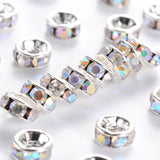 Brass Grade A Rhinestone Spacer Beads, Silver Color Plated, Nickel Free, Crystal AB, 5x2.5mm, Hole: 1mm, 100pc/Set