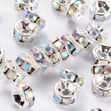 Brass Rhinestone Spacer Beads, Beads, Grade A, White with AB Color, Clear AB, Silver Color Plated, Nickel Free, Size: about 6mm in diameter, 3mm thick, hole: 1mm, 100pc/Set