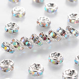 Brass Grade A Rhinestone Spacer Beads, Silver Color Plated, Nickel Free, Crystal AB, 7x3.2mm, Hole: 1.2mm, 100pc/Set