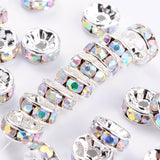 Brass Grade A Rhinestone Spacer Beads, Silver Color Plated, Nickel Free, Crystal AB, 8x3.8mm, Hole: 1.5mm, 100pc/Set