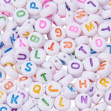 Initial Acrylic Beads, Mixed Letters, Flat Round, White, 7x4mm, Hole: 1.3mm, about 1000pcs/bag