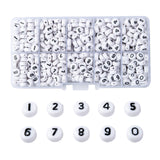 Acrylic Beads , Flat Round with Number 0~9, Black & White, White, 7x4mm, Hole: 1.3mm, 10 numbers, about 72pcs/number, 720pcs/box