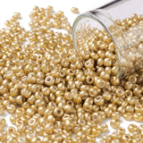 8/0 Glass Seed Beads, Metallic Colours Style, Round, Gold, 8/0, 3mm, Hole: 1mm, about 10000pcs/pound