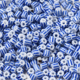 6/0 Opaque Colours Seep Glass Seed Beads, Round Hole, Round with Stripe Pattern, Blue, 3~4.5x3~4.5mm, Hole: 1.2~1.5mm, about 450g/bag