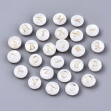 Natural Freshwater Shell Beads, with Golden Plated Brass Etched Metal Embellishments, Horizontal Hole, Flat Round with Letter, Alphabet, Seashell Color, Letter A~Z, 8x3~5mm, Hole: 0.5~0.7mm, about 26pcs/set