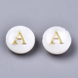 Natural Freshwater Shell Beads, with Golden Plated Brass Etched Metal Embellishments, Horizontal Hole, Flat Round with Letter, Alphabet, Seashell Color, Letter A~Z, 8x3~5mm, Hole: 0.5~0.7mm, about 26pcs/set