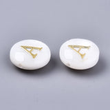 Natural Freshwater Shell Beads, with Golden Plated Brass Etched Metal Embellishments, Horizontal Hole, Flat Round with Letter, Alphabet, Seashell Color, Letter A~Z, 8x3~5mm, Hole: 0.5~0.7mm, about 26pcs/set