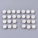 Natural Freshwater Shell Beads, with Golden Plated Brass Etched Metal Embellishments, Horizontal Hole, Flat Round with Letter, Alphabet, Seashell Color, Letter A~Z, 8x3~5mm, Hole: 0.5~0.7mm, about 26pcs/set