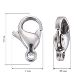 Tarnish Resistant 304 Stainless Steel Lobster Claw Clasps, Parrot Trigger Clasps, Manual Polishing, Stainless Steel Color, 11x7x3.5mm, Hole: 1.2mm, 200pc/Set