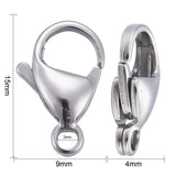 Tarnish Resistant 304 Stainless Steel Lobster Claw Clasps, Parrot Trigger Clasps, Manual Polishing, Stainless Steel Color, 15x9x4mm, Hole: 2mm, 200pc/Set