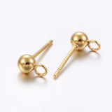 304 Stainless Steel Ball Stud Earring Findings, with Loop, Round, Golden, 15x4mm, Hole: 1.8mm, 100pc/Set