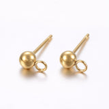 304 Stainless Steel Ball Stud Earring Findings, with Loop, Round, Golden, 15x4mm, Hole: 1.8mm, 100pc/Set