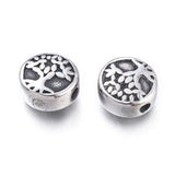 304 Stainless Steel Beads, Flat Round with Tree of Life, Antique Silver, 10x5.5mm, Hole: 1.8mm, 10pc/Set