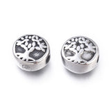 304 Stainless Steel Beads, Flat Round with Tree of Life, Antique Silver, 10x5.5mm, Hole: 1.8mm, 10pc/Set