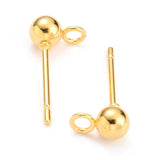 304 Stainless Steel Ball Stud Earring Findings, with Loop, Golden, 15x7x4mm, Hole: 1.7mm, Pin: 0.8mm, 100pc/Set