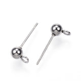 304 Stainless Steel Ball Stud Earring Findings, with Loop, Stainless Steel Color, 15x7x4mm, Hole: 1.7mm, Pin: 0.8mm, 100pcs/Set