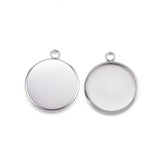 304 Stainless Steel Pendant Cabochon Settings, Plain Edge Bezel Cups, Flat Round, Stainless Steel Color, Tray: 14mm, 19x16x2mm, Hole: 2mm, 100pcs/Set