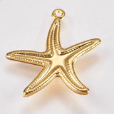 304 Stainless Steel Pendants, Starfish/Sea Stars, Real 18k Gold Plated, 22x20.5x2.5mm, Hole: 0.8mm, 50pc/Set