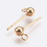 304 Stainless Steel Stud Earring Findings, with Loop, Round, Real 24K Gold Plated, 15x6mm, Hole: 1.5mm, Ball: 3mm, Pin: 0.8mm, 100pc/Set