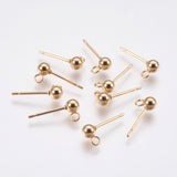 304 Stainless Steel Stud Earring Findings, with Loop, Round, Real 24K Gold Plated, 15x6mm, Hole: 1.5mm, Ball: 3mm, Pin: 0.8mm, 100pc/Set