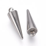 Tarnish Resistant 304 Stainless Steel Pendants, Spike/Cone, Stainless Steel Color, 18x5mm, Hole: 2mm, 100pc/Set