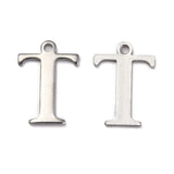 Tarnish Resistant 304 Stainless Steel Alphabet Charms, Stainless Steel Color, Letter.T, 12x8.5x1mm, Hole: 1mm, 20pc/Set