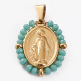 Real 18K Gold Plated 304 Stainless Steel Pendants, with Glass Beads, Oval with Virgin Mary, Mixed Color, 30x24x4mm, Hole: 8x4.5mm, 5pc/Set