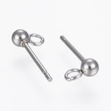 Non-Tarnish 304 Stainless Steel Ball Stud Earring Post, Earring Findings, with Loop, Round, Stainless Steel Color, 14x3mm, Hole: 2mm, Pin: 0.8mm, Round: 3mm, 100pc/Set