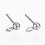 Non-Tarnish 304 Stainless Steel Ball Stud Earring Post, Earring Findings, with Loop, Round, Stainless Steel Color, 14x3mm, Hole: 2mm, Pin: 0.8mm, Round: 3mm, 100pc/Set