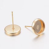 304 Stainless Steel Stud Earring Settings, Flat Round, Real 18k Gold Plated, Tray: 8mm, 10x1.5mm, Pin: 0.8mm, 100pc/Set