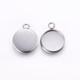 Tarnish Resistant 304 Stainless Steel Pendant Cabochon Settings, Plain Edge Bezel Cups, Flat Round, Stainless Steel Color, Tray: 12mm, 17.5x14x2mm, Hole: 2.5mm, 100pc/Set