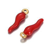 Ion Plating(IP) 304 Stainless Steel Pendants, Enamelled Sequins, Horn of Plenty/Italian Horn Cornicello, Golden, Red, 18x5x3.5mm, Hole: 1mm, 5pc/Set