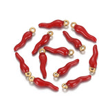 Ion Plating(IP) 304 Stainless Steel Pendants, Enamelled Sequins, Horn of Plenty/Italian Horn Cornicello, Golden, Red, 18x5x3.5mm, Hole: 1mm, 5pc/Set