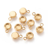 Ion Plating(IP) 304 Stainless Steel Pendant Cabochon Settings, Flat Round, Golden, Tray: 4mm, 9x6x3mm, Hole: 1.6mm, 10pc/Set