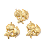 Ion Plating(IP) 304 Stainless Steel Pendants, Starfish & Shell Shapes, Real 18K Gold Plated, 21x20x4mm, Hole: 1.4mm, 20pc/Set