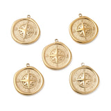 PVD Vacuum Plating 201 Stainless Steel Pendants, Flat Round with Compass Charm, Real 18K Gold Plated, 21x19.5x2.5mm, Hole: 1.4mm, 5pcs/Set