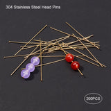 304 Stainless Steel Flat Head Pins, Golden, 50x0.7mm, 21 Gauge, Head: 2mm, 200pc/Set