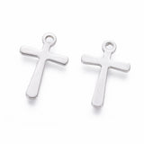 Tarnish Resistant 201 Stainless Steel Tiny Cross Charms, Stainless Steel Color, 15x10x0.7mm, Hole: 1.4mm, 20pc/Set