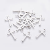 Tarnish Resistant 201 Stainless Steel Tiny Cross Charms, Stainless Steel Color, 15x10x0.7mm, Hole: 1.4mm, 20pc/Set