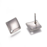 Non-Tarnish 304 Stainless Steel Stud Earring Findings, with Loop, Rhombus, Stainless Steel Color, 13.5x13.5x2mm, Side Length: 10x10x2mm, Hole: 1.5mm, Pin: 0.8mm, 10pc/Set