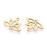 201 Stainless Steel Pendants, Laser Cut, Hollow, Lotus, Real 18K Gold Plated, 14x18.5x1mm, Hole: 1.6mm, 5pcs/Set