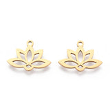 201 Stainless Steel Pendants, Laser Cut, Hollow, Lotus, Real 18K Gold Plated, 14x18.5x1mm, Hole: 1.6mm, 5pcs/Set