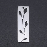 Non-Tarnish 201 Stainless Steel Pendants, Rectangle with Leaf, Stainless Steel Color, 28x9x1mm, Hole: 1.4mm, 5pc/Set