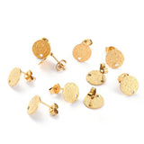 Ion Plating(IP) 304 Stainless Steel Stud Earring Findings, Textured Flat Round, Golden, 10x1mm, Hole: 1.4mm, Pin: 0.8mm, 20pc/Set