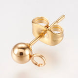 304 Stainless Steel Stud Earring Findings, with Loop and Ear Nut/Earring Backs, Real 24K Gold Plated, 15x7mm, Hole: 1.7mm, Ball: 4mm, Pin: 0.8mm, 100pc/Set