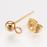 304 Stainless Steel Stud Earring Findings, with Loop and Ear Nut/Earring Backs, Real 24K Gold Plated, 15x7mm, Hole: 1.7mm, Ball: 4mm, Pin: 0.8mm, 100pc/Set