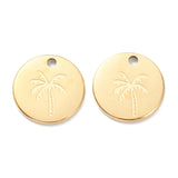 Ion Plating(IP) 304 Stainless Steel Charms, Flat Round with Coconut Tree, Real 18K Gold Plated, 11.5x1mm, Hole: 1.5mm, 10pc/Set