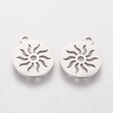 Non-Tarnish 304 Stainless Steel Charms, Flat Round with Sun, Stainless Steel Color, 14x12x1mm, Hole: 1.5mm, 20pc/Set