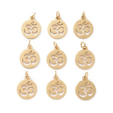 304 Stainless Steel Charms, with Jump Ring, Flat Round with Ohm/Aum Charm, Golden, 14x12x1.1mm, Hole: 3mm, 10pcs/Set